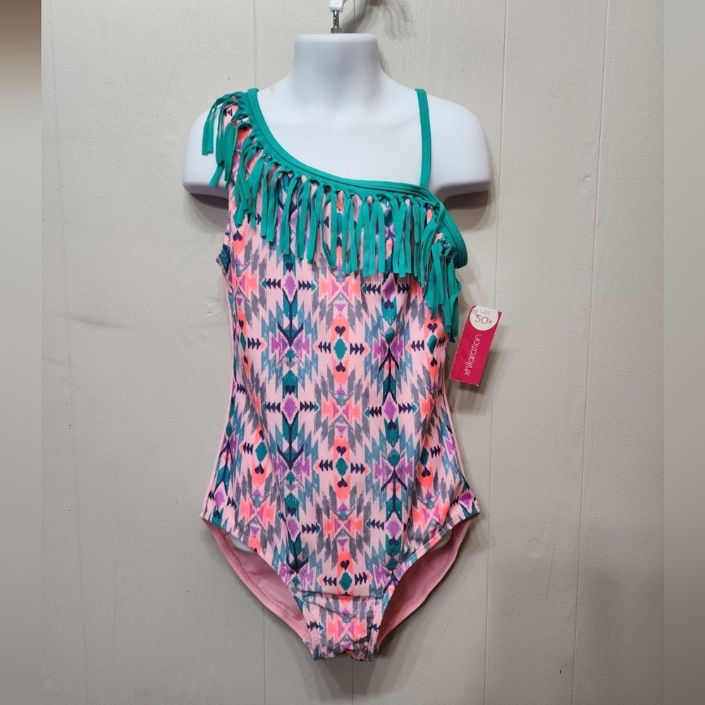 NWT Xhiliration Swimsuit Large One Piece Pink Green Fringe Beach Swim C434